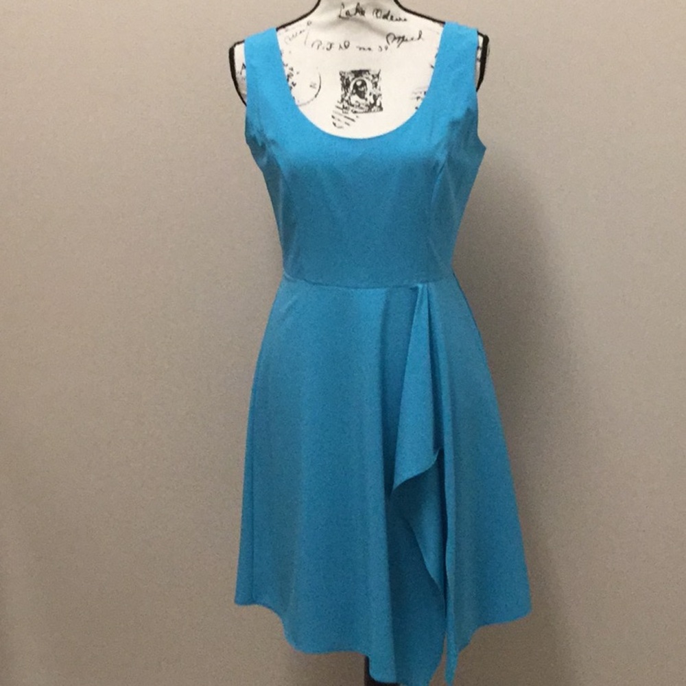 Badgley Mischka aqua sheath dress with overlay